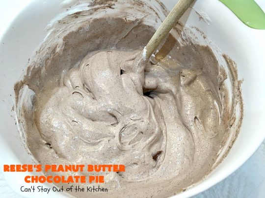 Reese's Peanut Butter Chocolate Pie | Can't Stay Out of the Kitchen | this quick & easy 5 ingredient #pie is phenomenal! It's perfect for a company or #holiday #dessert, but so easy you can make it often. #chocolate #ReesesPeanutButterCups #PeanutButter #ChocolateDessert #PeanutButterDessert #HolidayDessert #ReesesPeanutButterChocolatePie