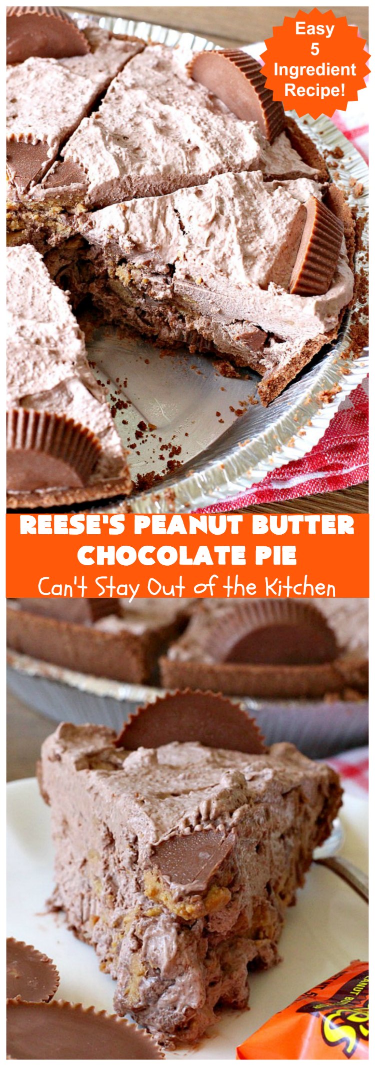 Reese's Peanut Butter Chocolate Pie | Can't Stay Out of the Kitchen | this quick & easy 5 ingredient #pie is phenomenal! It's perfect for a company or #holiday #dessert, but so easy you can make it often. #chocolate #ReesesPeanutButterCups #PeanutButter #ChocolateDessert #PeanutButterDessert #HolidayDessert #ReesesPeanutButterChocolatePie