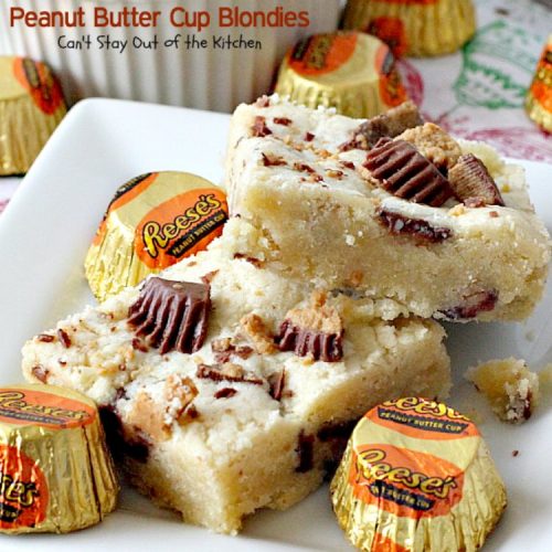 Reese's Peanut Butter Cup Blondies | Can't Stay Out of the Kitchen | these spectacular #cookies are filled with #Reese's #peanutbuttercups. So heavenly! #dessert #chocolate