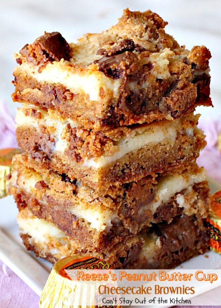 Reese's Peanut Butter Cup Cheesecake Brownies | Can't Stay Out of the Kitchen | these magnificent #brownies are divine! #Reese's #peanutbutter cups fill the cookie dough and they have a scrumptious #cheesecake layer to die for. #chocolate #dessert