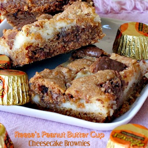 Reese's Peanut Butter Cup Cheesecake Brownies | Can't Stay Out of the Kitchen | these magnificent #brownies are divine! #Reese's #peanutbutter cups fill the cookie dough and they have a scrumptious #cheesecake layer to die for. #chocolate #dessert