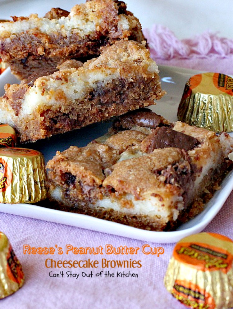 Reese's Peanut Butter Cup Cheesecake Brownies | Can't Stay Out of the Kitchen | these magnificent #brownies are divine! #Reese's #peanutbutter cups fill the cookie dough and they have a scrumptious #cheesecake layer to die for. #chocolate #dessert