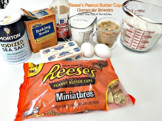 Reese's Peanut Butter Cup Cheesecake Brownies | Can't Stay Out of the Kitchen | these magnificent #brownies are divine! #Reese's #peanutbutter cups fill the cookie dough and they have a scrumptious #cheesecake layer to die for. #chocolate #dessert