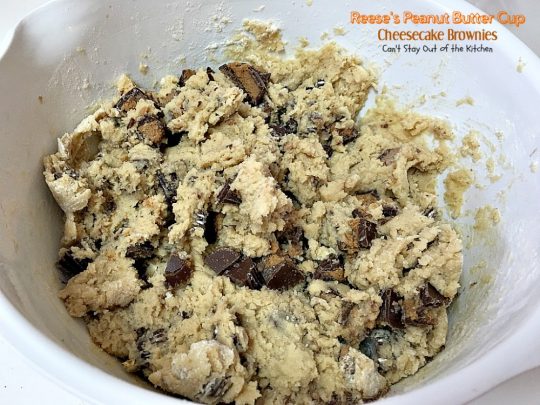 Reese's Peanut Butter Cup Cheesecake Brownies | Can't Stay Out of the Kitchen | these magnificent #brownies are divine! #Reese's #peanutbutter cups fill the cookie dough and they have a scrumptious #cheesecake layer to die for. #chocolate #dessert