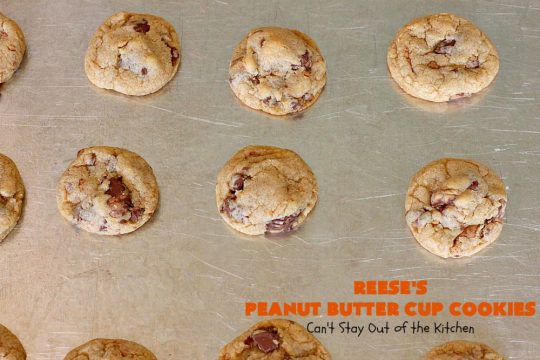 Reese's Peanut Butter Cup Cookies | Can't Stay Out of the Kitchen | these spectacular #cookies include miniature #ReesesPeanutButterCups. They explode with #chocolate & #PeanutButter flavors making them irresistible & heavenly. Wonderful #dessert for #tailgating parties, #holidays or potlucks. #dessert #ChocolateDessert #PeanutButterDessert #ReesesPeanutButterCupDessert #HalloweenCandy #ChristmasCookieExchange