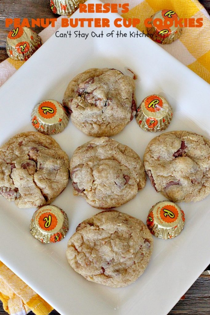 Reese's Peanut Butter Cup Cookies | Can't Stay Out of the Kitchen | these spectacular #cookies include miniature #ReesesPeanutButterCups. They explode with #chocolate & #PeanutButter flavors making them irresistible & heavenly. Wonderful #dessert for #tailgating parties, #holidays or potlucks. #dessert #ChocolateDessert #PeanutButterDessert #ReesesPeanutButterCupDessert #HalloweenCandy #ChristmasCookieExchange