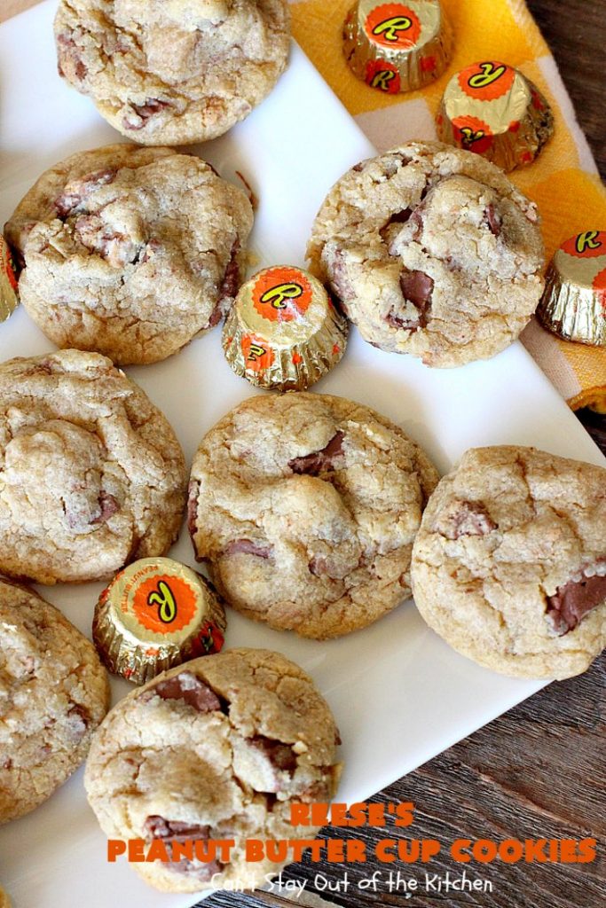 Reese's Peanut Butter Cup Cookies | Can't Stay Out of the Kitchen | these spectacular #cookies include miniature #ReesesPeanutButterCups. They explode with #chocolate & #PeanutButter flavors making them irresistible & heavenly. Wonderful #dessert for #tailgating parties, #holidays or potlucks. #dessert #ChocolateDessert #PeanutButterDessert #ReesesPeanutButterCupDessert #HalloweenCandy #ChristmasCookieExchange
