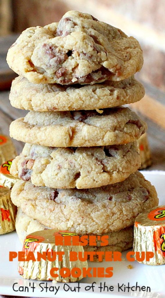 Reese's Peanut Butter Cup Cookies | Can't Stay Out of the Kitchen | these spectacular #cookies include miniature #ReesesPeanutButterCups. They explode with #chocolate & #PeanutButter flavors making them irresistible & heavenly. Wonderful #dessert for #tailgating parties, #holidays or potlucks. #dessert #ChocolateDessert #PeanutButterDessert #ReesesPeanutButterCupDessert #HalloweenCandy #ChristmasCookieExchange