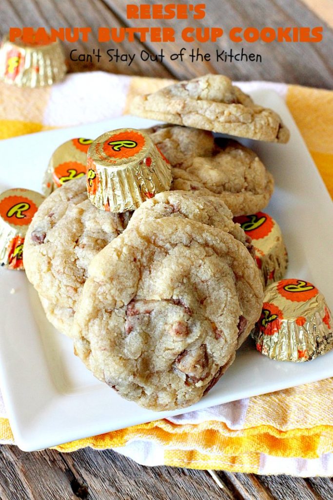 Reese's Peanut Butter Cup Cookies | Can't Stay Out of the Kitchen | these spectacular #cookies include miniature #ReesesPeanutButterCups. They explode with #chocolate & #PeanutButter flavors making them irresistible & heavenly. Wonderful #dessert for #tailgating parties, #holidays or potlucks. #dessert #ChocolateDessert #PeanutButterDessert #ReesesPeanutButterCupDessert #HalloweenCandy #ChristmasCookieExchange