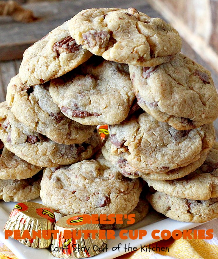 Reese's Peanut Butter Cup Cookies | Can't Stay Out of the Kitchen | these spectacular #cookies include miniature #ReesesPeanutButterCups. They explode with #chocolate & #PeanutButter flavors making them irresistible & heavenly. Wonderful #dessert for #tailgating parties, #holidays or potlucks. #dessert #ChocolateDessert #PeanutButterDessert #ReesesPeanutButterCupDessert #HalloweenCandy #ChristmasCookieExchange