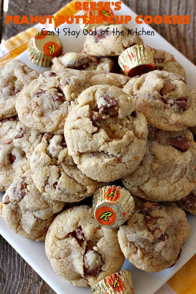 Reese's Peanut Butter Cup Cookies | Can't Stay Out of the Kitchen | these spectacular #cookies include miniature #ReesesPeanutButterCups. They explode with #chocolate & #PeanutButter flavors making them irresistible & heavenly. Wonderful #dessert for #tailgating parties, #holidays or potlucks. #dessert #ChocolateDessert #PeanutButterDessert #ReesesPeanutButterCupDessert #HalloweenCandy #ChristmasCookieExchange