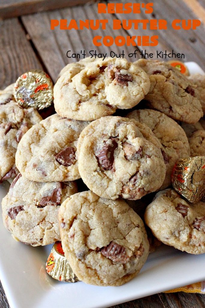 Reese's Peanut Butter Cup Cookies | Can't Stay Out of the Kitchen | these spectacular #cookies include miniature #ReesesPeanutButterCups. They explode with #chocolate & #PeanutButter flavors making them irresistible & heavenly. Wonderful #dessert for #tailgating parties, #holidays or potlucks. #dessert #ChocolateDessert #PeanutButterDessert #ReesesPeanutButterCupDessert #HalloweenCandy #ChristmasCookieExchange