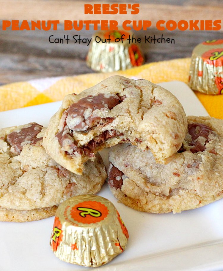 Reese's Peanut Butter Cup Cookies | Can't Stay Out of the Kitchen | these spectacular #cookies include miniature #ReesesPeanutButterCups. They explode with #chocolate & #PeanutButter flavors making them irresistible & heavenly. Wonderful #dessert for #tailgating parties, #holidays or potlucks. #dessert #ChocolateDessert #PeanutButterDessert #ReesesPeanutButterCupDessert #HalloweenCandy #ChristmasCookieExchange