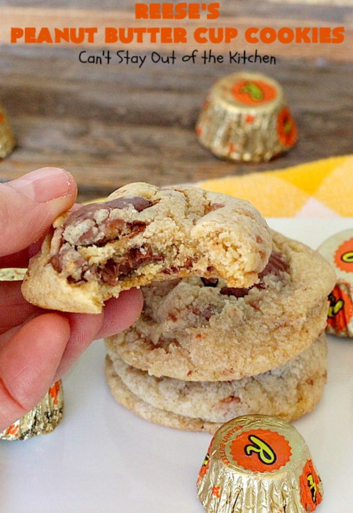Reese's Peanut Butter Cup Cookies | Can't Stay Out of the Kitchen | these spectacular #cookies include miniature #ReesesPeanutButterCups. They explode with #chocolate & #PeanutButter flavors making them irresistible & heavenly. Wonderful #dessert for #tailgating parties, #holidays or potlucks. #dessert #ChocolateDessert #PeanutButterDessert #ReesesPeanutButterCupDessert #HalloweenCandy #ChristmasCookieExchange