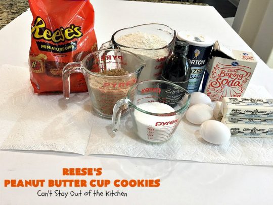 Reese's Peanut Butter Cup Cookies | Can't Stay Out of the Kitchen | these spectacular #cookies include miniature #ReesesPeanutButterCups. They explode with #chocolate & #PeanutButter flavors making them irresistible & heavenly. Wonderful #dessert for #tailgating parties, #holidays or potlucks. #dessert #ChocolateDessert #PeanutButterDessert #ReesesPeanutButterCupDessert #HalloweenCandy #ChristmasCookieExchange