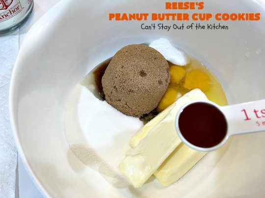 Reese's Peanut Butter Cup Cookies | Can't Stay Out of the Kitchen | these spectacular #cookies include miniature #ReesesPeanutButterCups. They explode with #chocolate & #PeanutButter flavors making them irresistible & heavenly. Wonderful #dessert for #tailgating parties, #holidays or potlucks. #dessert #ChocolateDessert #PeanutButterDessert #ReesesPeanutButterCupDessert #HalloweenCandy #ChristmasCookieExchange