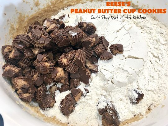 Reese's Peanut Butter Cup Cookies | Can't Stay Out of the Kitchen | these spectacular #cookies include miniature #ReesesPeanutButterCups. They explode with #chocolate & #PeanutButter flavors making them irresistible & heavenly. Wonderful #dessert for #tailgating parties, #holidays or potlucks. #dessert #ChocolateDessert #PeanutButterDessert #ReesesPeanutButterCupDessert #HalloweenCandy #ChristmasCookieExchange