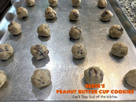 Reese's Peanut Butter Cup Cookies | Can't Stay Out of the Kitchen | these spectacular #cookies include miniature #ReesesPeanutButterCups. They explode with #chocolate & #PeanutButter flavors making them irresistible & heavenly. Wonderful #dessert for #tailgating parties, #holidays or potlucks. #dessert #ChocolateDessert #PeanutButterDessert #ReesesPeanutButterCupDessert #HalloweenCandy #ChristmasCookieExchange