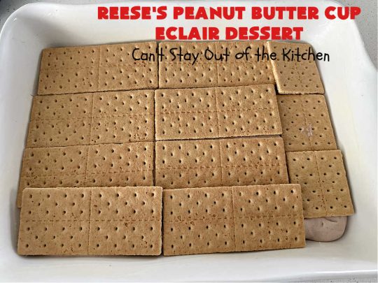 Reese's Peanut Butter Cup Éclair Dessert | Can't Stay Out of the Kitchen | Everyone swooned over this delightful #ÉclairDessert when I brought it for a #Christmas party. This easy 6-ingredient #recipe is so easy a child can make it. Plus, it's just so outrageously good everyone will want to sample it. Great for #ValentinesDay, special occasions & birthdays! #Reeses #ReesesPeanutButterCups #chocolate #PeanutButter #GrahamCrackers #Éclairs #6IngredientRecipe #ReesesPeanutButterCupÉclairDessert