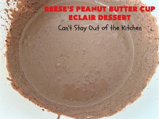 Reese's Peanut Butter Cup Éclair Dessert | Can't Stay Out of the Kitchen | Everyone swooned over this delightful #ÉclairDessert when I brought it for a #Christmas party. This easy 6-ingredient #recipe is so easy a child can make it. Plus, it's just so outrageously good everyone will want to sample it. Great for #ValentinesDay, special occasions & birthdays! #Reeses #ReesesPeanutButterCups #chocolate #PeanutButter #GrahamCrackers #Éclairs #6IngredientRecipe #ReesesPeanutButterCupÉclairDessert