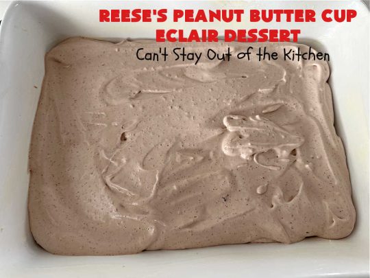 Reese's Peanut Butter Cup Éclair Dessert | Can't Stay Out of the Kitchen | Everyone swooned over this delightful #ÉclairDessert when I brought it for a #Christmas party. This easy 6-ingredient #recipe is so easy a child can make it. Plus, it's just so outrageously good everyone will want to sample it. Great for #ValentinesDay, special occasions & birthdays! #Reeses #ReesesPeanutButterCups #chocolate #PeanutButter #GrahamCrackers #Éclairs #6IngredientRecipe #ReesesPeanutButterCupÉclairDessert