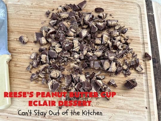 Reese's Peanut Butter Cup Éclair Dessert | Can't Stay Out of the Kitchen | Everyone swooned over this delightful #ÉclairDessert when I brought it for a #Christmas party. This easy 6-ingredient #recipe is so easy a child can make it. Plus, it's just so outrageously good everyone will want to sample it. Great for #ValentinesDay, special occasions & birthdays! #Reeses #ReesesPeanutButterCups #chocolate #PeanutButter #GrahamCrackers #Éclairs #6IngredientRecipe #ReesesPeanutButterCupÉclairDessert