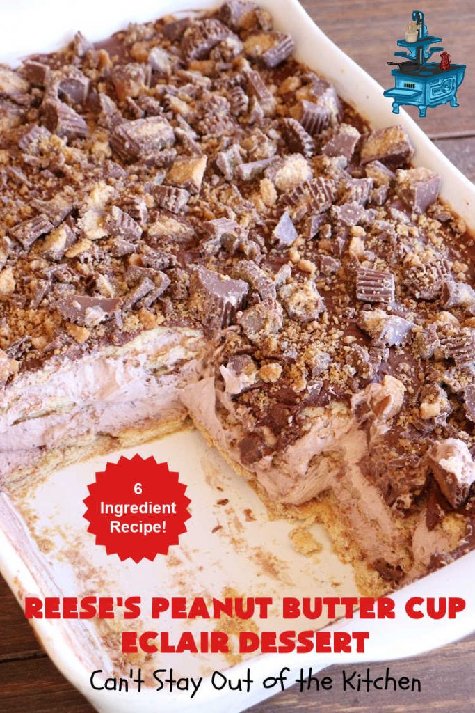 Reese's Peanut Butter Cup Éclair Dessert | Can't Stay Out of the Kitchen | Everyone swooned over this delightful #ÉclairDessert when I brought it for a #Christmas party. This easy 6-ingredient #recipe is so easy a child can make it. Plus, it's just so outrageously good everyone will want to sample it. Great for #ValentinesDay, special occasions & birthdays! #Reeses #ReesesPeanutButterCups #chocolate #PeanutButter #GrahamCrackers #Éclairs #6IngredientRecipe #ReesesPeanutButterCupÉclairDessert