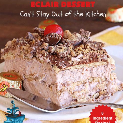 Reese's Peanut Butter Cup Éclair Dessert | Can't Stay Out of the Kitchen | Everyone swooned over this delightful #ÉclairDessert when I brought it for a #Christmas party. This easy 6-ingredient #recipe is so easy a child can make it. Plus, it's just so outrageously good everyone will want to sample it. Great for #ValentinesDay, special occasions & birthdays! #Reeses #ReesesPeanutButterCups #chocolate #PeanutButter #GrahamCrackers #Éclairs #6IngredientRecipe #ReesesPeanutButterCupÉclairDessert