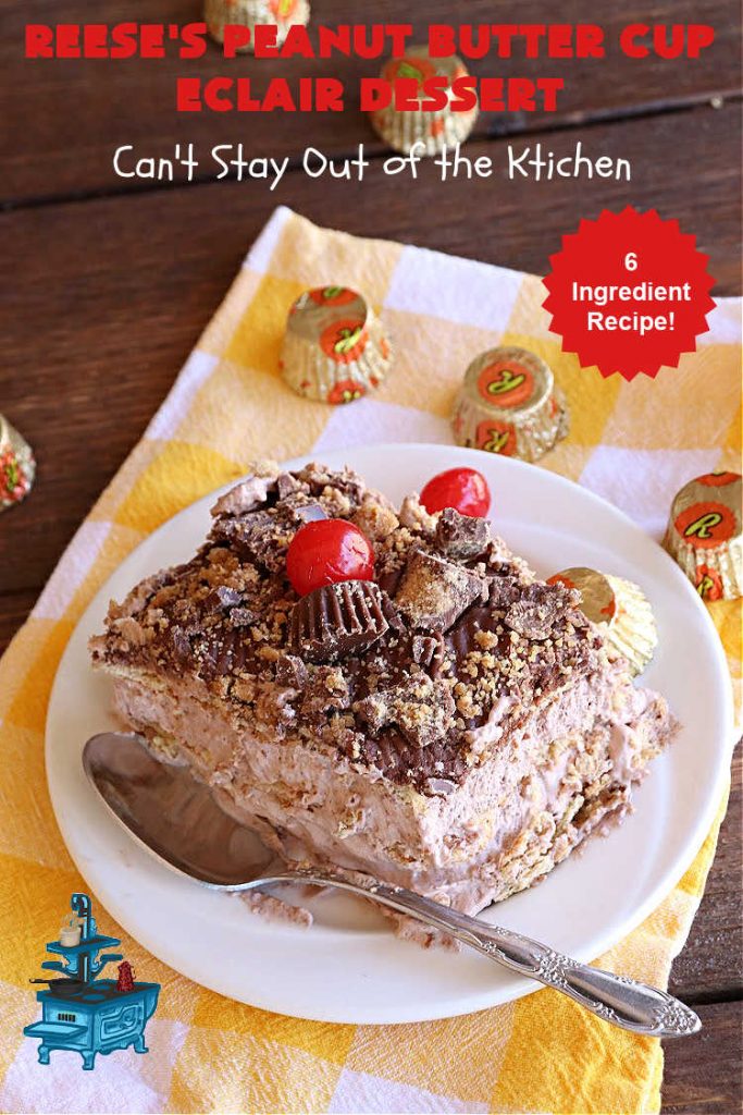 Reese's Peanut Butter Cup Éclair Dessert | Can't Stay Out of the Kitchen | Everyone swooned over this delightful #ÉclairDessert when I brought it for a #Christmas party. This easy 6-ingredient #recipe is so easy a child can make it. Plus, it's just so outrageously good everyone will want to sample it. Great for #ValentinesDay, special occasions & birthdays! #Reeses #ReesesPeanutButterCups #chocolate #PeanutButter #GrahamCrackers #Éclairs #6IngredientRecipe #ReesesPeanutButterCupÉclairDessert