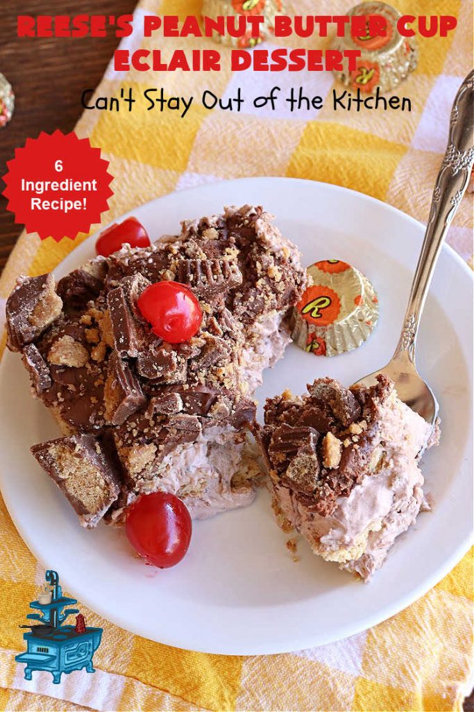 Reese's Peanut Butter Cup Éclair Dessert | Can't Stay Out of the Kitchen | Everyone swooned over this delightful #ÉclairDessert when I brought it for a #Christmas party. This easy 6-ingredient #recipe is so easy a child can make it. Plus, it's just so outrageously good everyone will want to sample it. Great for #ValentinesDay, special occasions & birthdays! #Reeses #ReesesPeanutButterCups #chocolate #PeanutButter #GrahamCrackers #Éclairs #6IngredientRecipe #ReesesPeanutButterCupÉclairDessert