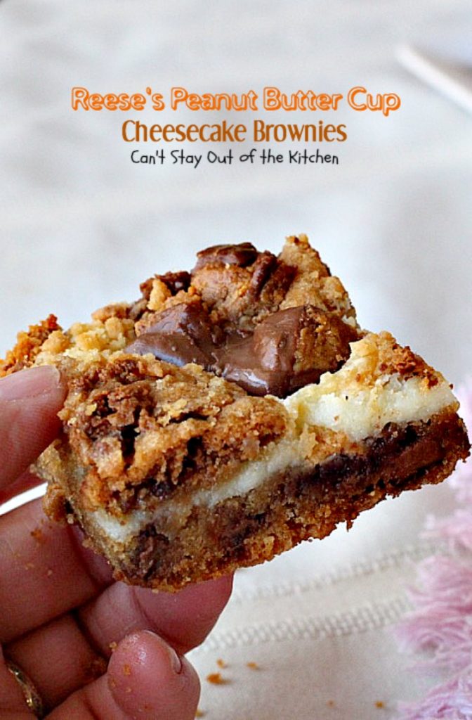 Reese's Peanut Butter Cup Cheesecake Brownies | Can't Stay Out of the Kitchen | these magnificent #brownies are divine! #Reese's #peanutbutter cups fill the cookie dough and they have a scrumptious #cheesecake layer to die for. #chocolate #dessert