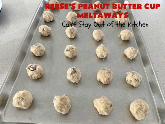 Reese's Peanut Butter Cup Meltaways | Can't Stay Out of the Kitchen | these glorious #cookies simply dissolve in your mouth! They're fantastic #SugarCookies with #ReesesPeanutButterCups added. They're so swoon-worthy you'll be drooling over every bite. Great for #tailgating parties, potlucks & #holiday #baking. #chocolate #PeanutButter #ReesesPeanutButterCupMeltaways