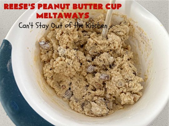 Reese's Peanut Butter Cup Meltaways | Can't Stay Out of the Kitchen | these glorious #cookies simply dissolve in your mouth! They're fantastic #SugarCookies with #ReesesPeanutButterCups added. They're so swoon-worthy you'll be drooling over every bite. Great for #tailgating parties, potlucks & #holiday #baking. #chocolate #PeanutButter #ReesesPeanutButterCupMeltaways