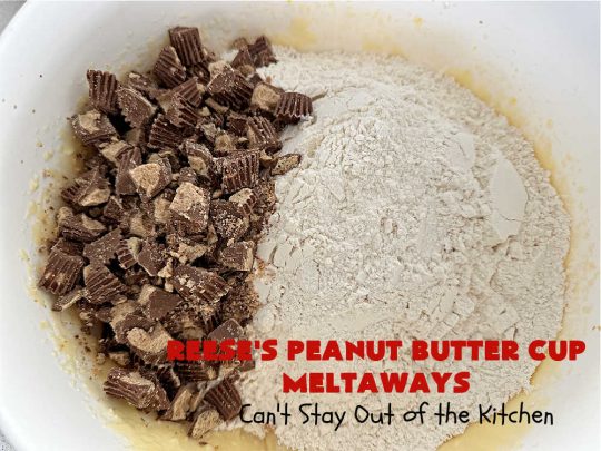 Reese's Peanut Butter Cup Meltaways | Can't Stay Out of the Kitchen | these glorious #cookies simply dissolve in your mouth! They're fantastic #SugarCookies with #ReesesPeanutButterCups added. They're so swoon-worthy you'll be drooling over every bite. Great for #tailgating parties, potlucks & #holiday #baking. #chocolate #PeanutButter #ReesesPeanutButterCupMeltaways