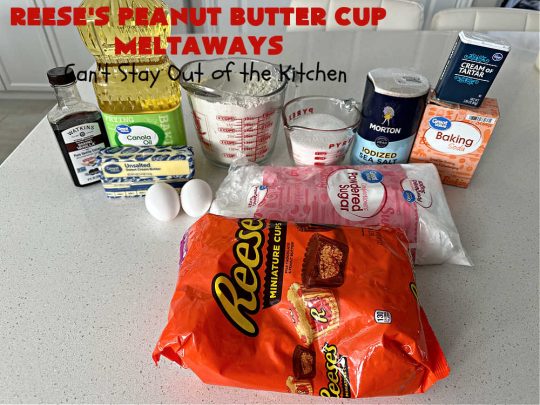 Reese's Peanut Butter Cup Meltaways | Can't Stay Out of the Kitchen | these glorious #cookies simply dissolve in your mouth! They're fantastic #SugarCookies with #ReesesPeanutButterCups added. They're so swoon-worthy you'll be drooling over every bite. Great for #tailgating parties, potlucks & #holiday #baking. #chocolate #PeanutButter #ReesesPeanutButterCupMeltaways