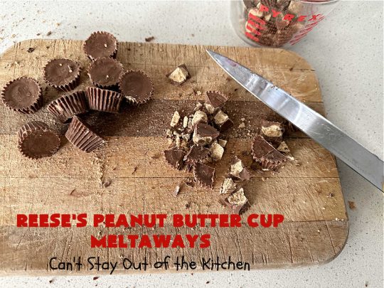 Reese's Peanut Butter Cup Meltaways | Can't Stay Out of the Kitchen | these glorious #cookies simply dissolve in your mouth! They're fantastic #SugarCookies with #ReesesPeanutButterCups added. They're so swoon-worthy you'll be drooling over every bite. Great for #tailgating parties, potlucks & #holiday #baking. #chocolate #PeanutButter #ReesesPeanutButterCupMeltaways