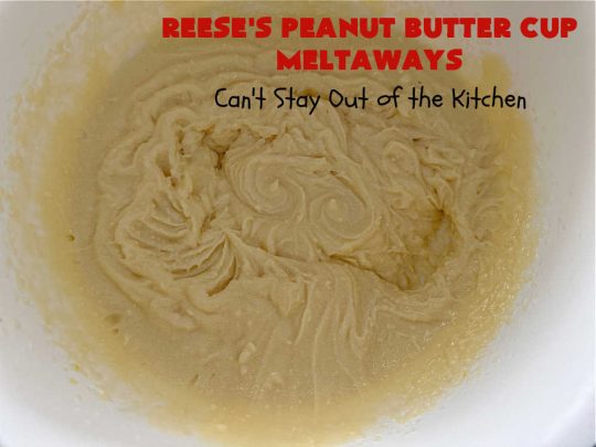 Reese's Peanut Butter Cup Meltaways | Can't Stay Out of the Kitchen | these glorious #cookies simply dissolve in your mouth! They're fantastic #SugarCookies with #ReesesPeanutButterCups added. They're so swoon-worthy you'll be drooling over every bite. Great for #tailgating parties, potlucks & #holiday #baking. #chocolate #PeanutButter #ReesesPeanutButterCupMeltaways