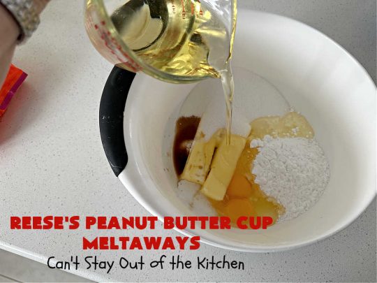 Reese's Peanut Butter Cup Meltaways | Can't Stay Out of the Kitchen | these glorious #cookies simply dissolve in your mouth! They're fantastic #SugarCookies with #ReesesPeanutButterCups added. They're so swoon-worthy you'll be drooling over every bite. Great for #tailgating parties, potlucks & #holiday #baking. #chocolate #PeanutButter #ReesesPeanutButterCupMeltaways