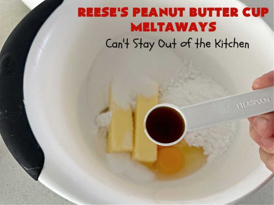 Reese's Peanut Butter Cup Meltaways | Can't Stay Out of the Kitchen | these glorious #cookies simply dissolve in your mouth! They're fantastic #SugarCookies with #ReesesPeanutButterCups added. They're so swoon-worthy you'll be drooling over every bite. Great for #tailgating parties, potlucks & #holiday #baking. #chocolate #PeanutButter #ReesesPeanutButterCupMeltaways