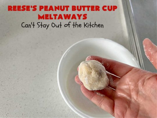 Reese's Peanut Butter Cup Meltaways | Can't Stay Out of the Kitchen | these glorious #cookies simply dissolve in your mouth! They're fantastic #SugarCookies with #ReesesPeanutButterCups added. They're so swoon-worthy you'll be drooling over every bite. Great for #tailgating parties, potlucks & #holiday #baking. #chocolate #PeanutButter #ReesesPeanutButterCupMeltaways