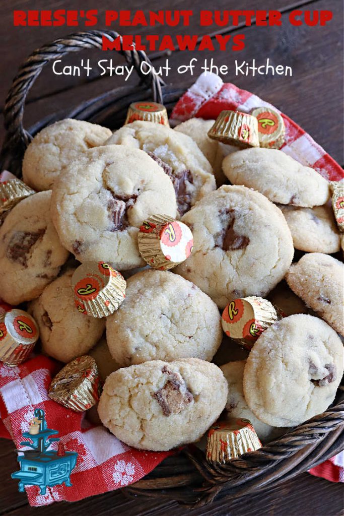 Reese's Peanut Butter Cup Meltaways | Can't Stay Out of the Kitchen | these glorious #cookies simply dissolve in your mouth! They're fantastic #SugarCookies with #ReesesPeanutButterCups added. They're so swoon-worthy you'll be drooling over every bite. Great for #tailgating parties, potlucks & #holiday #baking. #chocolate #PeanutButter #ReesesPeanutButterCupMeltaways