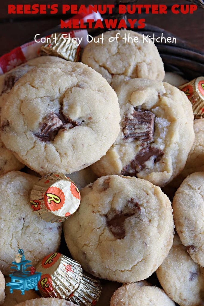Reese's Peanut Butter Cup Meltaways | Can't Stay Out of the Kitchen | these glorious #cookies simply dissolve in your mouth! They're fantastic #SugarCookies with #ReesesPeanutButterCups added. They're so swoon-worthy you'll be drooling over every bite. Great for #tailgating parties, potlucks & #holiday #baking. #chocolate #PeanutButter #ReesesPeanutButterCupMeltaways