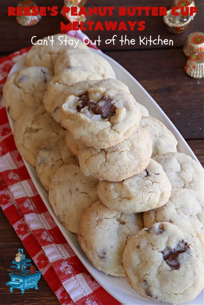 Reese's Peanut Butter Cup Meltaways | Can't Stay Out of the Kitchen | these glorious #cookies simply dissolve in your mouth! They're fantastic #SugarCookies with #ReesesPeanutButterCups added. They're so swoon-worthy you'll be drooling over every bite. Great for #tailgating parties, potlucks & #holiday #baking. #chocolate #PeanutButter #ReesesPeanutButterCupMeltaways