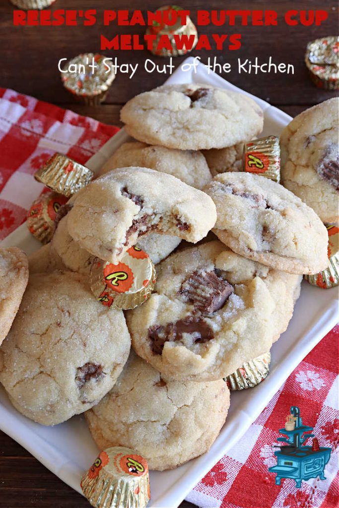 Reese's Peanut Butter Cup Meltaways | Can't Stay Out of the Kitchen | these glorious #cookies simply dissolve in your mouth! They're fantastic #SugarCookies with #ReesesPeanutButterCups added. They're so swoon-worthy you'll be drooling over every bite. Great for #tailgating parties, potlucks & #holiday #baking. #chocolate #PeanutButter #ReesesPeanutButterCupMeltaways
