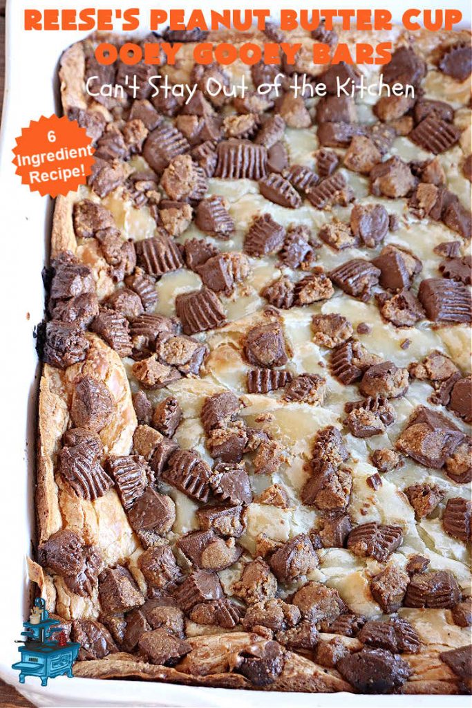 Reese's Peanut Butter Cup Ooey Gooey Bars | Can't Stay Out of the Kitchen | This fabulous #OoeyGooeyBar #recipe uses only 6 ingredients! It has a luscious #cheesecake filling & it's topped with #ReesesPeanutButterCups. Every bite will have you swooning! Great for #holiday #baking, #tailgating parties, a #ChristmasCookieExchange or any time you just need #chocolate! #PeanutButter #dessert #brownie #cookie #CreamCheese #ReesesPeanutButterCupOoeyGooeyBars
