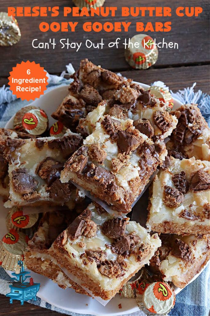 Reese's Peanut Butter Cup Ooey Gooey Bars | Can't Stay Out of the Kitchen | This fabulous #OoeyGooeyBar #recipe uses only 6 ingredients! It has a luscious #cheesecake filling & it's topped with #ReesesPeanutButterCups. Every bite will have you swooning! Great for #holiday #baking, #tailgating parties, a #ChristmasCookieExchange or any time you just need #chocolate! #PeanutButter #dessert #brownie #cookie #CreamCheese #ReesesPeanutButterCupOoeyGooeyBars