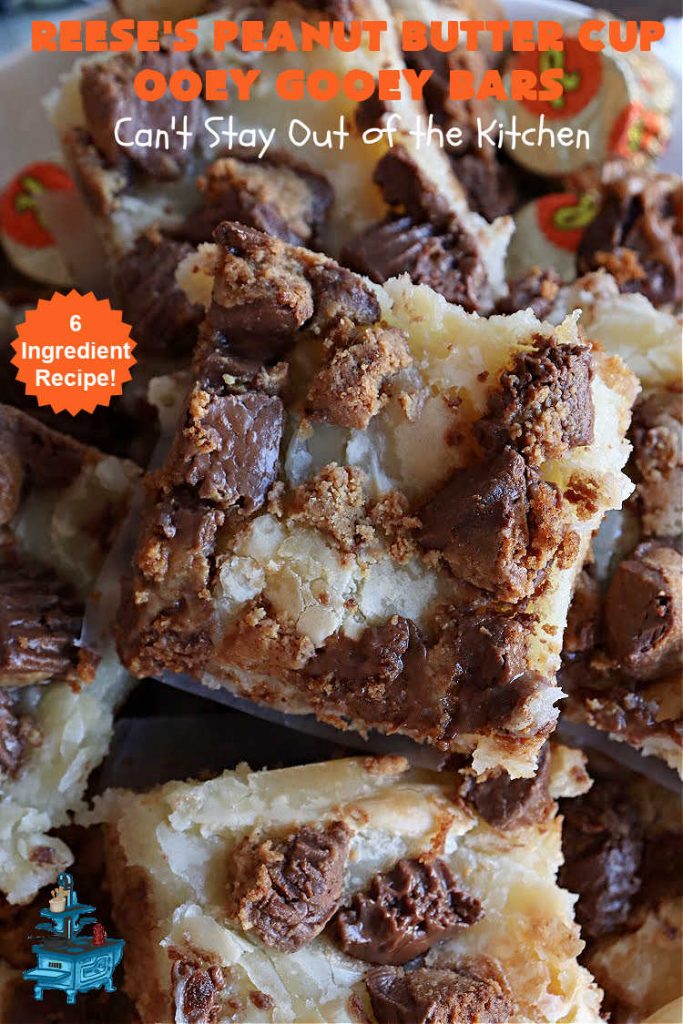 Reese's Peanut Butter Cup Ooey Gooey Bars | Can't Stay Out of the Kitchen | This fabulous #OoeyGooeyBar #recipe uses only 6 ingredients! It has a luscious #cheesecake filling & it's topped with #ReesesPeanutButterCups. Every bite will have you swooning! Great for #holiday #baking, #tailgating parties, a #ChristmasCookieExchange or any time you just need #chocolate! #PeanutButter #dessert #brownie #cookie #CreamCheese #ReesesPeanutButterCupOoeyGooeyBars