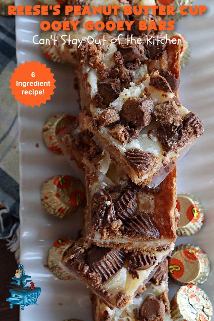 Reese's Peanut Butter Cup Ooey Gooey Bars | Can't Stay Out of the Kitchen | This fabulous #OoeyGooeyBar #recipe uses only 6 ingredients! It has a luscious #cheesecake filling & it's topped with #ReesesPeanutButterCups. Every bite will have you swooning! Great for #holiday #baking, #tailgating parties, a #ChristmasCookieExchange or any time you just need #chocolate! #PeanutButter #dessert #brownie #cookie #CreamCheese #ReesesPeanutButterCupOoeyGooeyBars