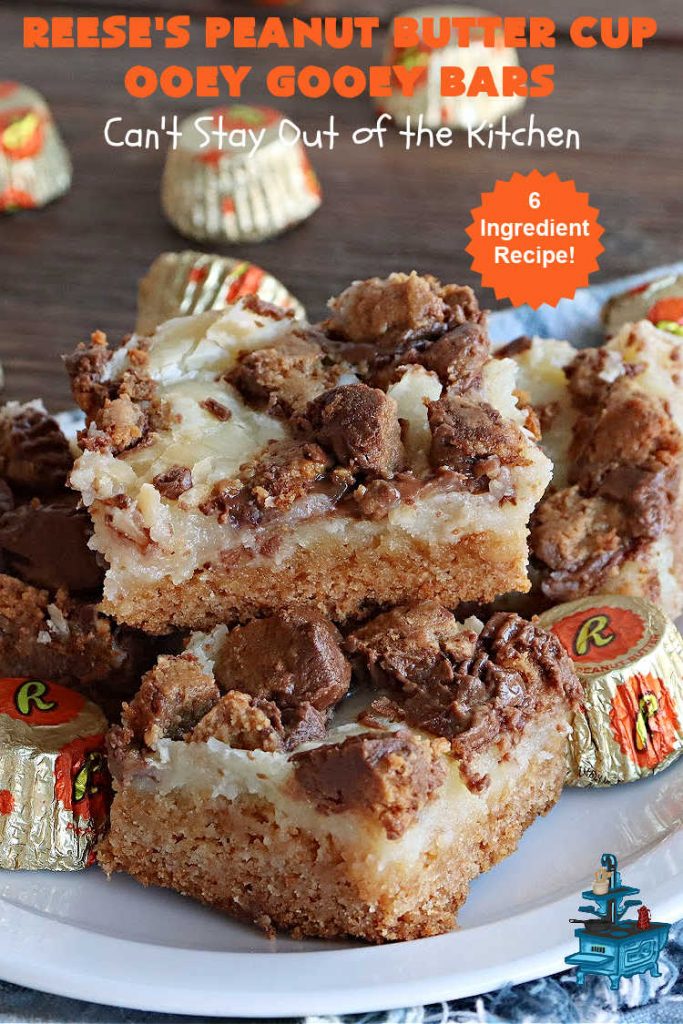 Reese's Peanut Butter Cup Ooey Gooey Bars | Can't Stay Out of the Kitchen | This fabulous #OoeyGooeyBar #recipe uses only 6 ingredients! It has a luscious #cheesecake filling & it's topped with #ReesesPeanutButterCups. Every bite will have you swooning! Great for #holiday #baking, #tailgating parties, a #ChristmasCookieExchange or any time you just need #chocolate! #PeanutButter #dessert #brownie #cookie #CreamCheese #ReesesPeanutButterCupOoeyGooeyBars