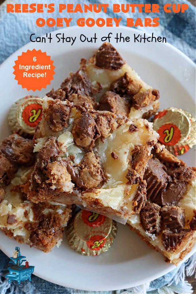 Reese's Peanut Butter Cup Ooey Gooey Bars | Can't Stay Out of the Kitchen | This fabulous #OoeyGooeyBar #recipe uses only 6 ingredients! It has a luscious #cheesecake filling & it's topped with #ReesesPeanutButterCups. Every bite will have you swooning! Great for #holiday #baking, #tailgating parties, a #ChristmasCookieExchange or any time you just need #chocolate! #PeanutButter #dessert #brownie #cookie #CreamCheese #ReesesPeanutButterCupOoeyGooeyBars